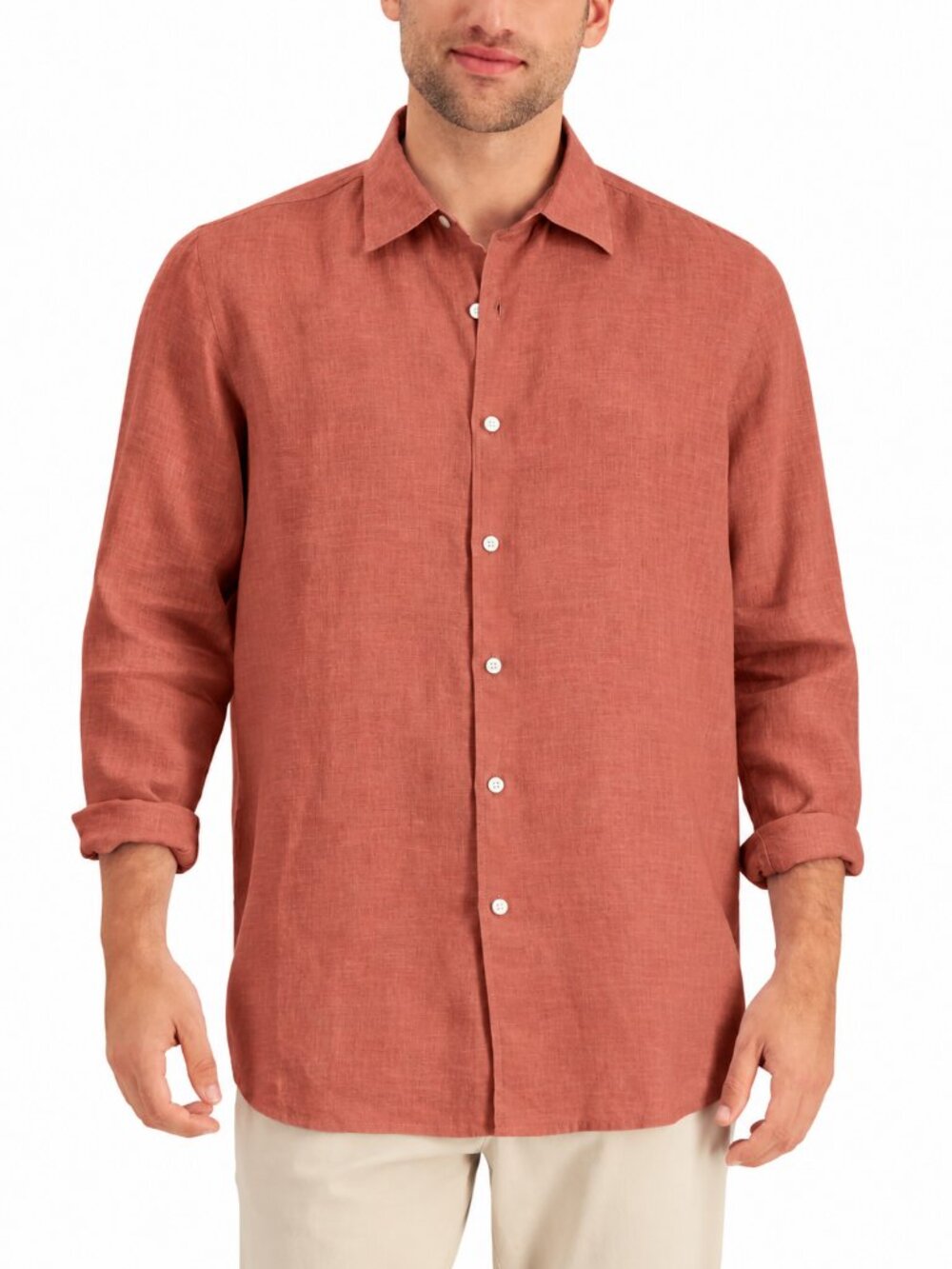 Club Room Linen Shirt Men L Red Sandalwood 100% Linen Long Sleeve Button Up